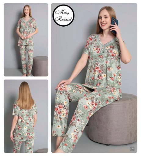 Çiçek Desenli Kısa Kollu Uzun Pijama Takımı resmi