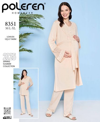 Poleren Home Wear 8351 Kodu 2025 İlkbahar/Yaz Koleksiyonu Lohusa Üçlü Takımı, Açık Mint Yeşili/Turkuaz Renkte Dantel Detaylı Hamile Pijama ve Sabahlık Seti resmi