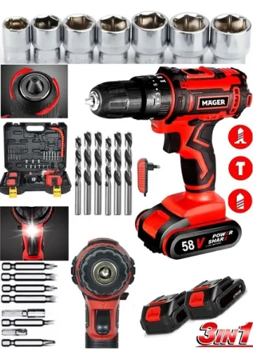 Mager Alman 58 Watt 8 Ah Metal Şanzıman Darbeli Li-Ion Bataryalı Çift Akülü Vidalama Matkap resmi