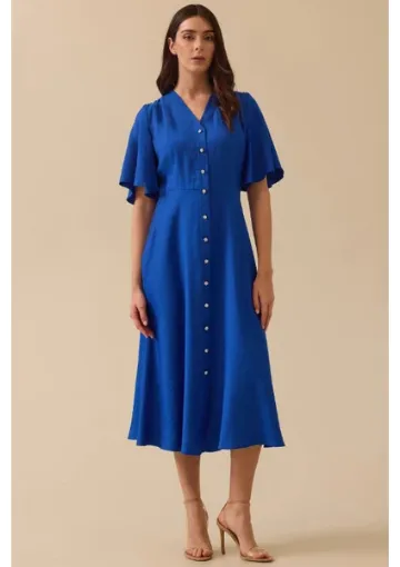 Seçil Kadın Düğme Detaylı Volan Kol Midi Elbise - Saks Mavi resmi