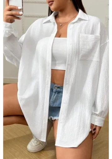 Trendseninle Kadın Beyaz Tek Cepli Bürümcük Oversize Gömlek resmi
