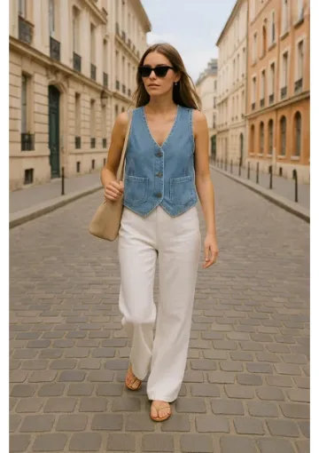 Blue White Kadın Cepli %100 Pamuk Açık Mavi Jean Yelek resmi