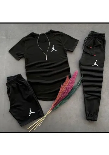 New Cabin 3'lü Unisex Yazlık Şort-Eşofman Altı-Tişört Slim Fit Jrdn Baskılı Takım Kombin Alt Üst resmi