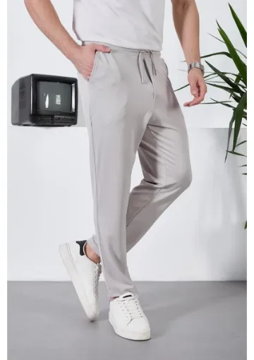 Valiberta Hafif ve Nefes Alabilir Erkek Diagonal Dokulu Beli Lastikli Pantolon - Gri resmi