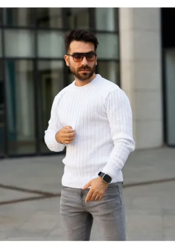 Trendseninle Erkek Beyaz Selanik Bisiklet Yaka Triko Kazak resmi