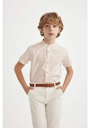 DeFacto Erkek Çocuk Dik Yaka Keten Görünümlü Kısa Kollu Basic Düz Gömlek Z5364A624SM resmi
