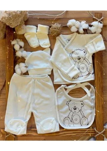 Betül Bebek 5 Parça Yeni Doğan Zıbın Set Hastane Cıkışı Organik Kumaş Ayıcık Desenli resmi