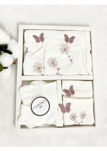 VeroNa Tarz Kutulu Kız Bebek Kelebek Nakışlı Organik 5li Hastane Çıkış Seti Yenidoğan Kıyafeti 50-56CM 0-3AY resmi